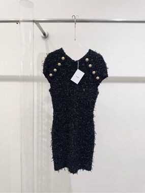 Balmain Black Textured Bouclé Mini Dress with Gold Buttons